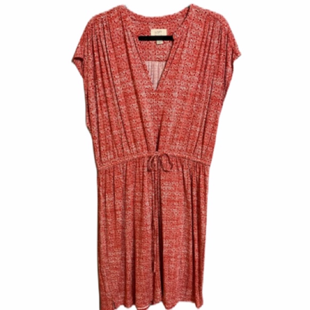 Loft Red Print Casual Drawstring Waist Dress